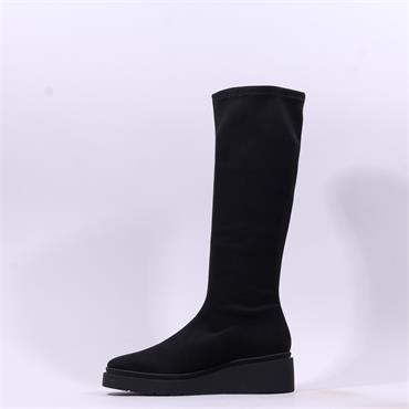 Miss Elastic Platform Wedge Long Boot - Black Stretch